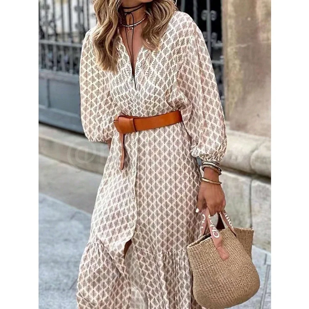 Printed Dress Lantern Sleeve Button Up White Tan - Picture 4 of 8